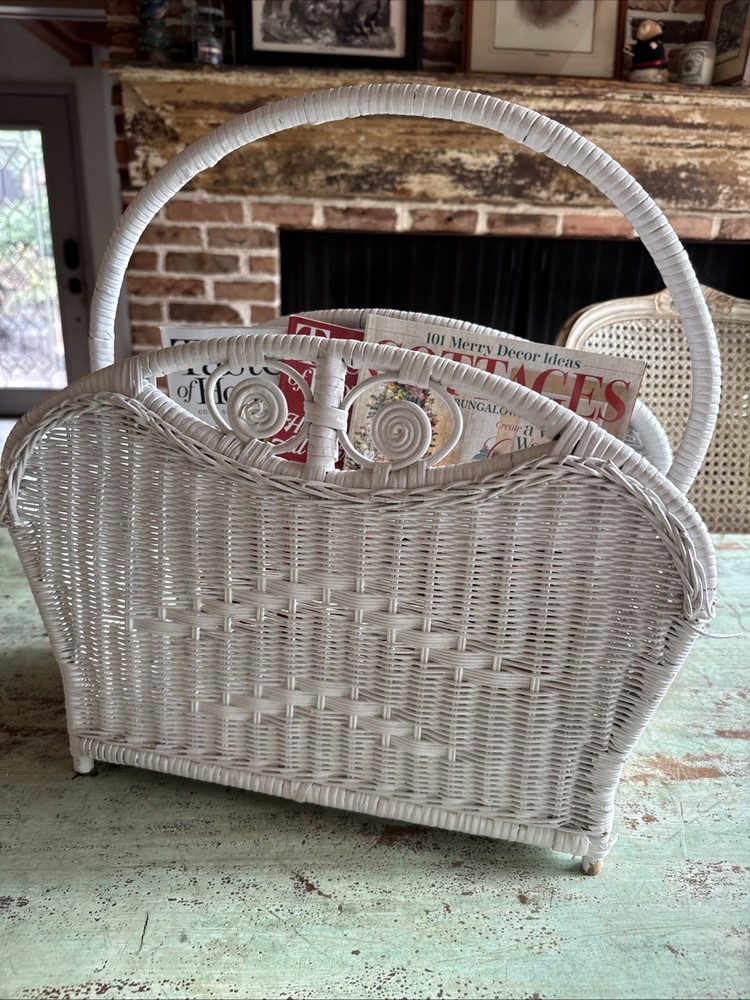 Vintage White Wicker Magazine Rack Storage Stand