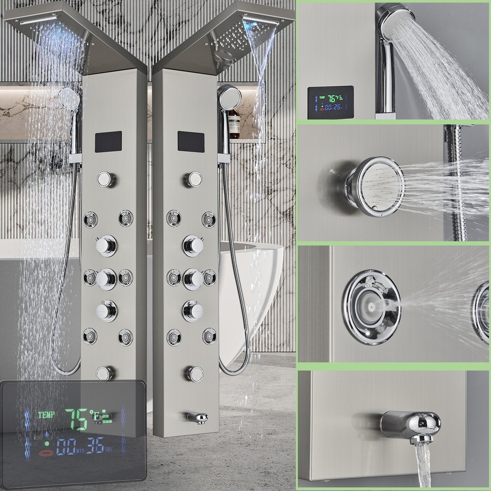 Rain&Waterfall Shower Panel Tower System Stainless Steel 6-Function LED Massage