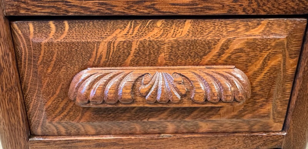 Antique Oak 50" Raised Panel S-Roll Top Desk with Carved Pulls