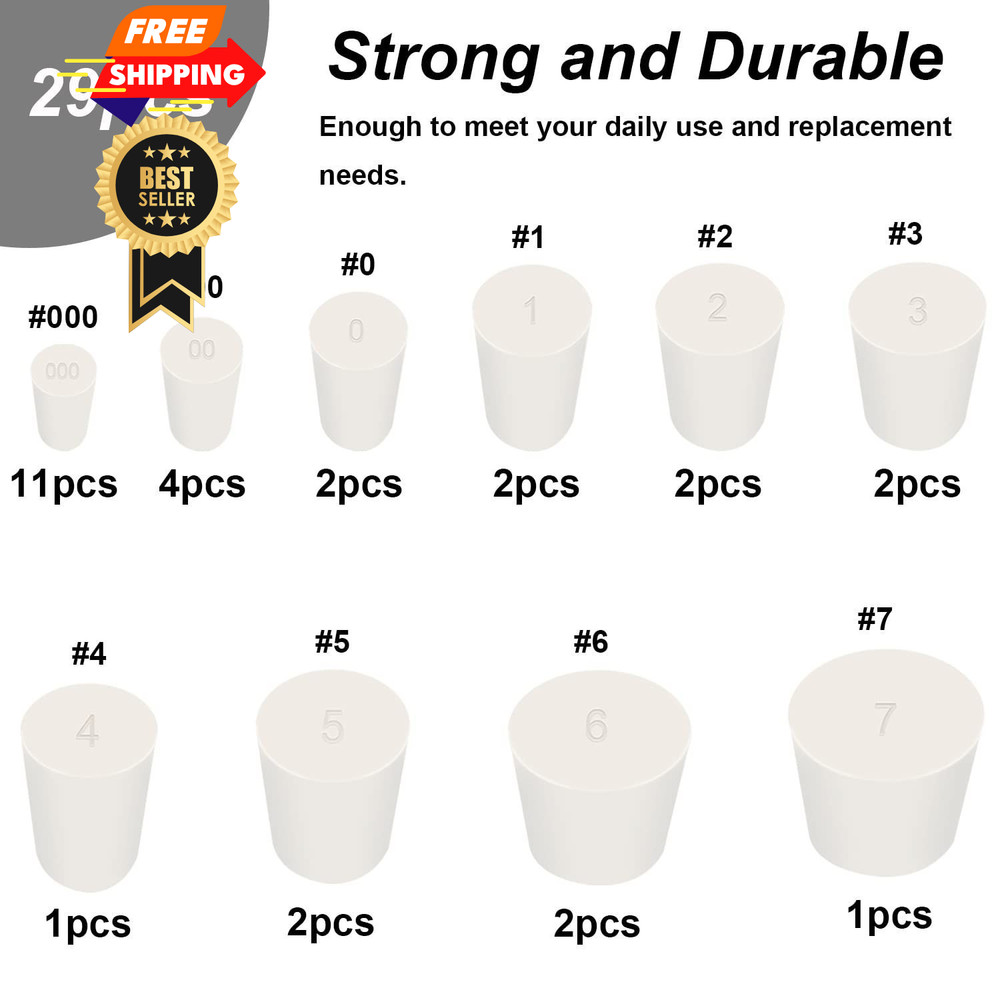 Tnisesm 29Pcs White 000#-7# Solid Rubber Stoppers 10 Assorted