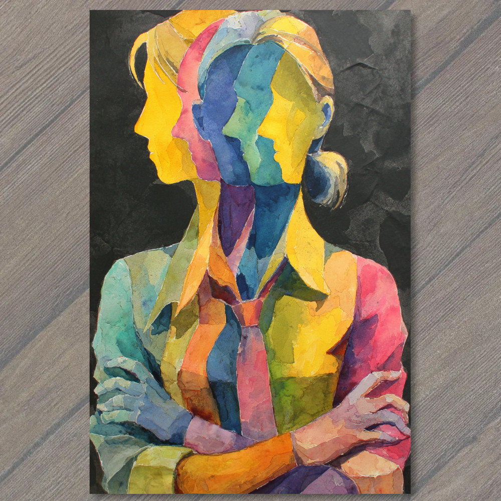 POSTCARD Multicolor Overlapping Faces Bold Abstract Portrait Vibrant Layers Cubi