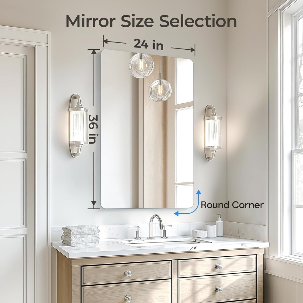 USHOWER 2-Pack Frameless Bathroom Mirror 24x36 Rectangular Wall Vanity Mirror US