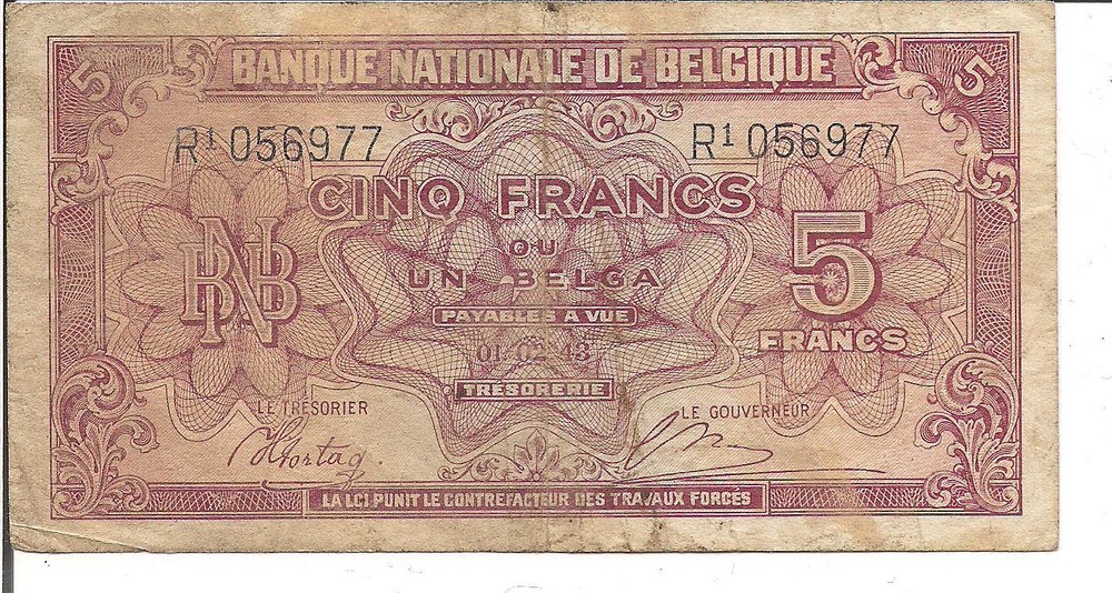 BELGIUM, 5 FRANCS,  1943