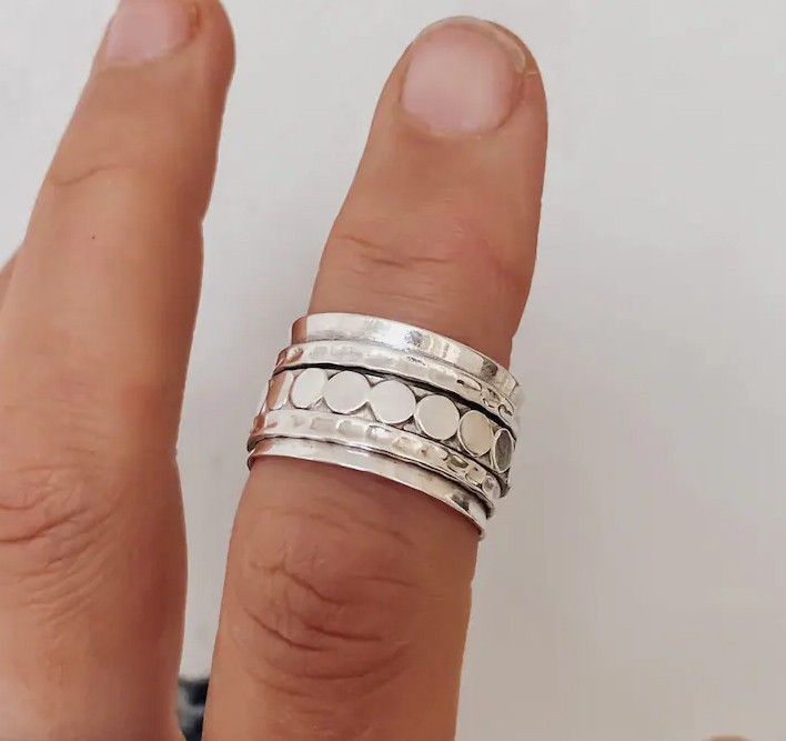 Solid 925Sterling Silver Spinner Wide Hammered Band Anxiety Fidget Handmade Ring