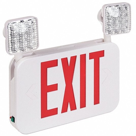 Exit Sign with Emergency Lights: White, 2 Faces, Red, LED, Wall/Ceiling, Nickel
