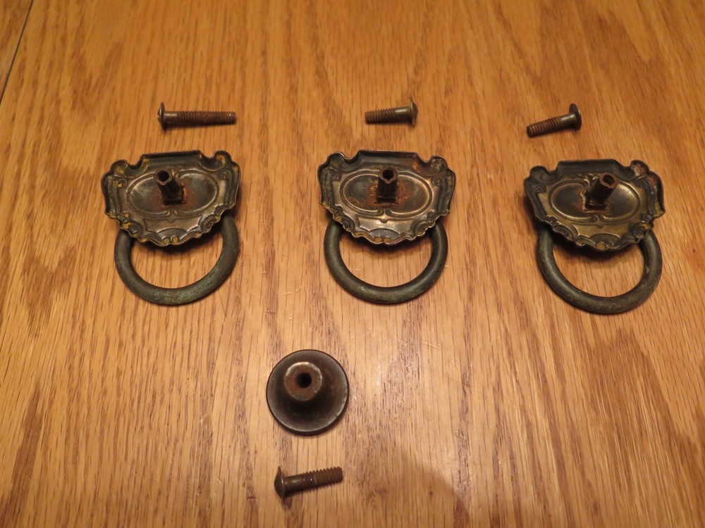 Vintage Brass Tone Drawer Pulls - 3 Drop Pulls & 1 Round Pull