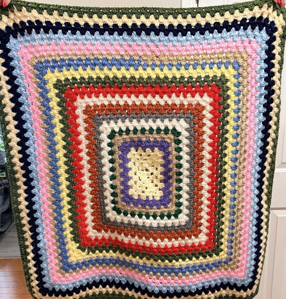 Handmade Crocheted Multicolor Blanket Sz 36”X 32”. Boho Retro