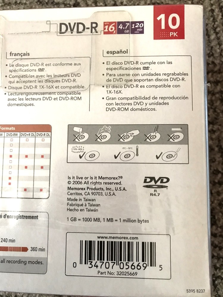Memorex DVD-R Recordable Computer Home Video Recorder Discs 10 Pack Unopened Box