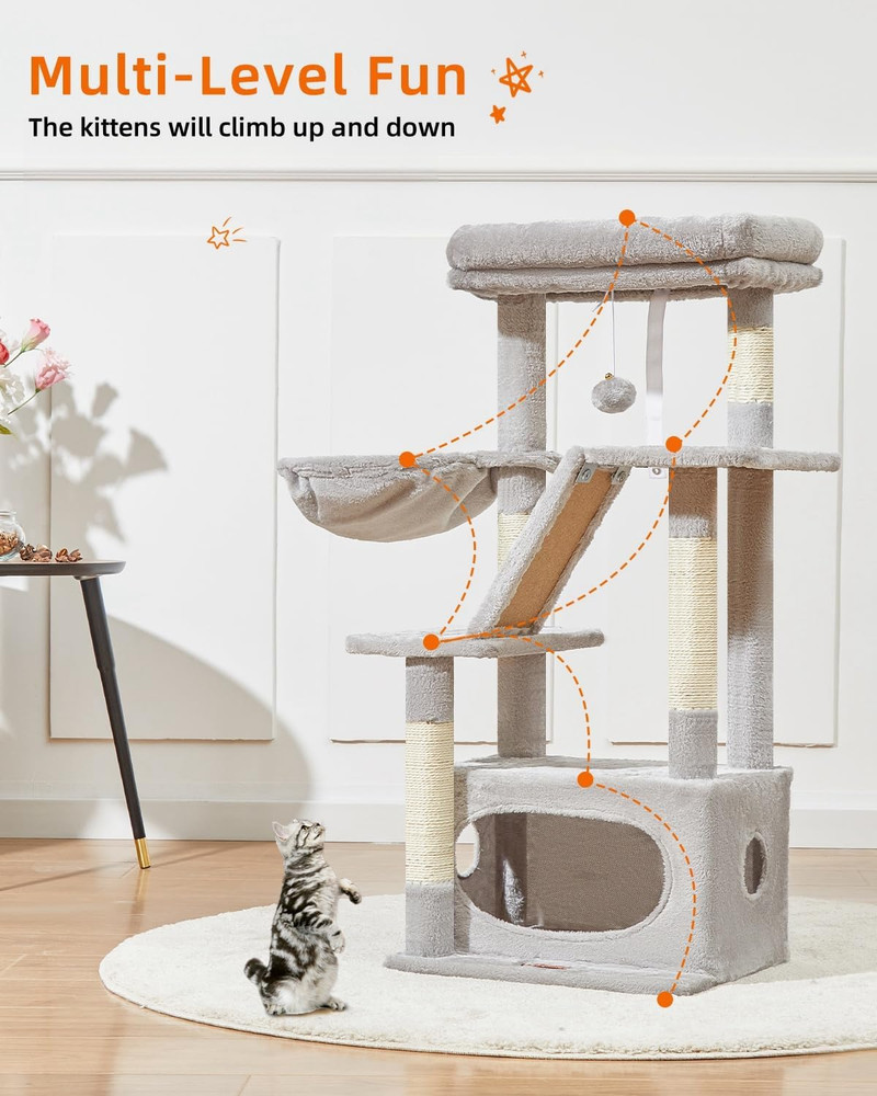 Luxurious 38.2-Inch Cat Tree Tower with Adjustable Baskets and Perch - Light Gra