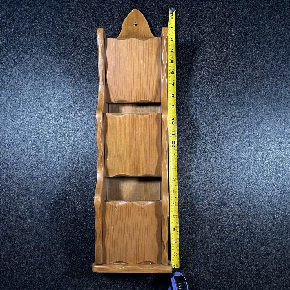 Vintage Tiered Wooden Mail Holder Solid MCM 22” Wavy