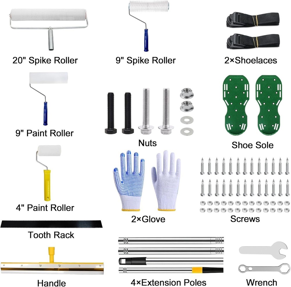 self leveling cement tool kit with spiked roller, extension pole, epoxy shoes