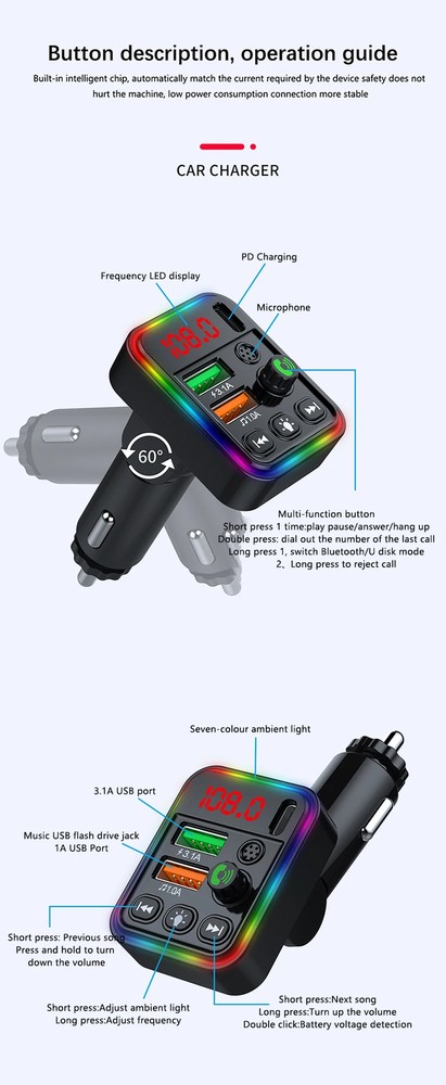 Car Wireless Bluetooth 5.3 FM Transmitter MP3 Player USB Fast Charger Adapter