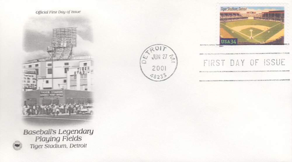 2001 First Day of Issue - honoring Baseball Fields - Tiger Stadium - PCS