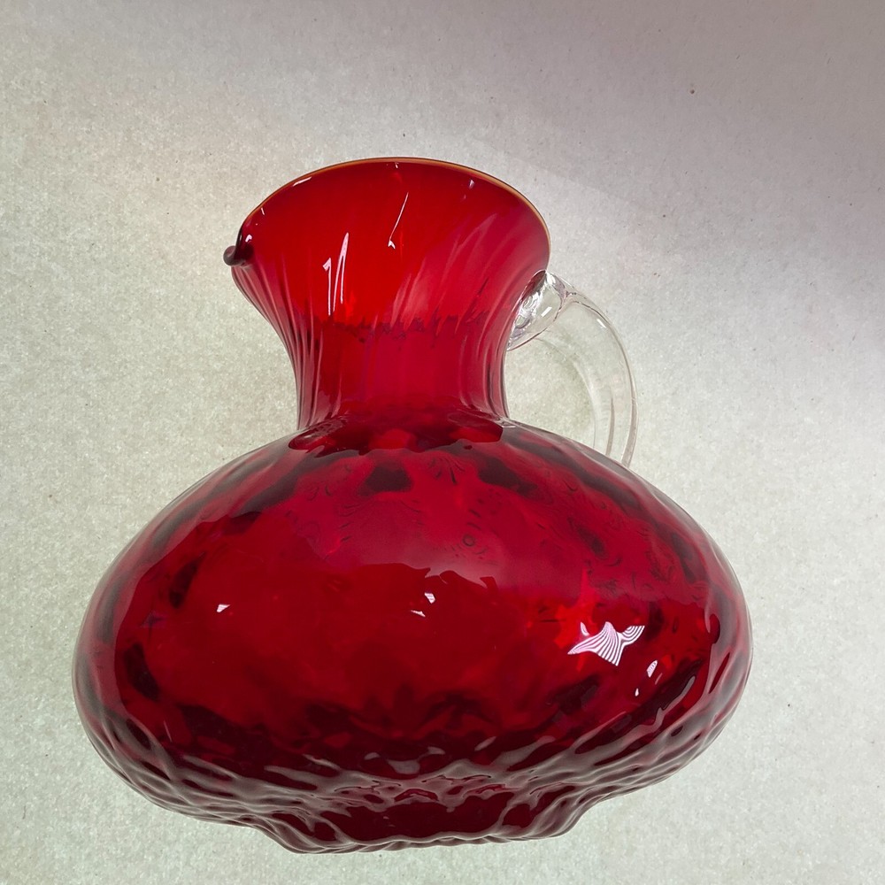 Pilgrim Glass Ruby Red Quilted Optic Pitcher Applied Handle Hand Blown Vintage