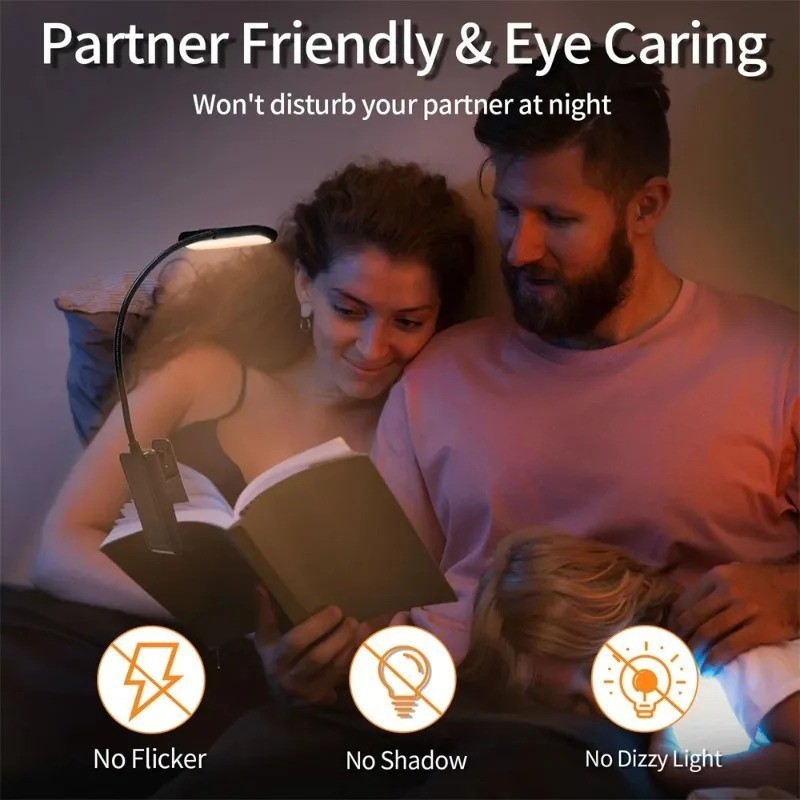 LED Book Light Reading Light Eye Caring Clip-on USB Rechargeable Dimmable Light