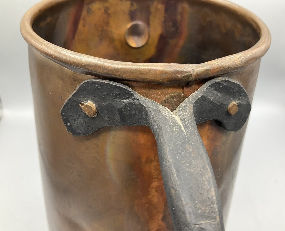 READ Vtg Primitive Hammered Copper Wrought Iron Handle Pitcher 10" LEAK READ