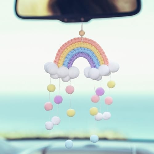Boho Macrame Car Charm Rainbow – Rearview Mirror Hanging Ornament, Handmade