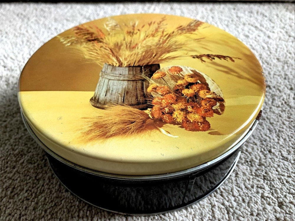 Vintage EMPTY TIN CONTAINER Autumn, Fall, Thanksgiving Round 7”x 2.75"
