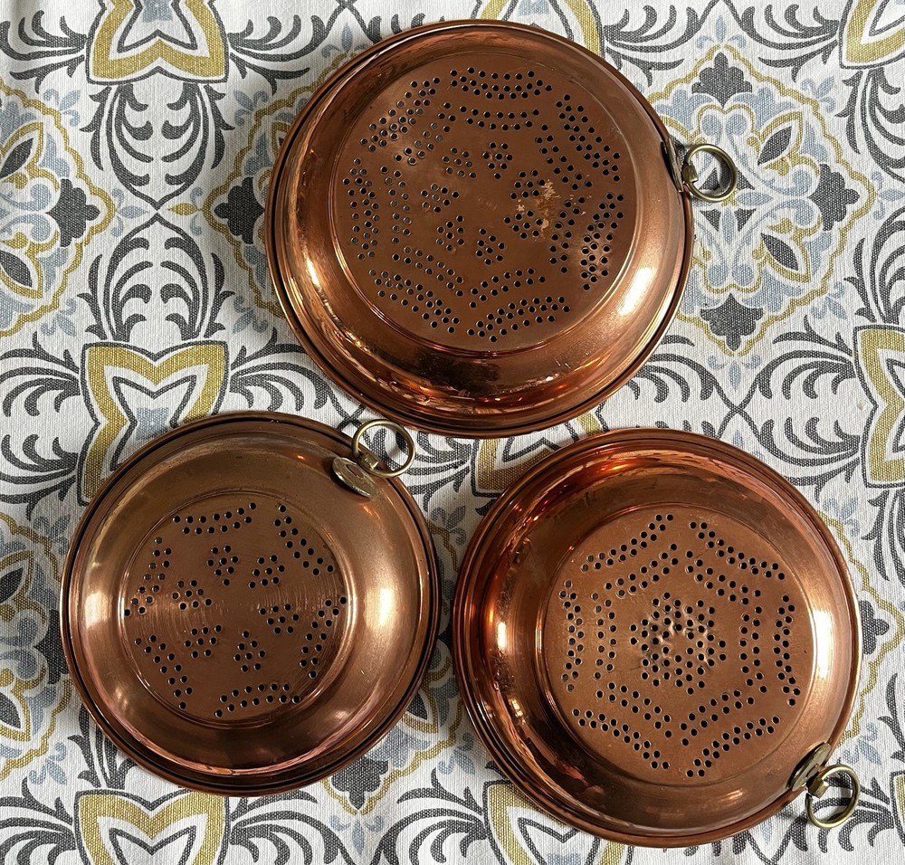 3 Vintage Solid Copper Sieve Strainer Colander Patina Verdigris With Brass Ring