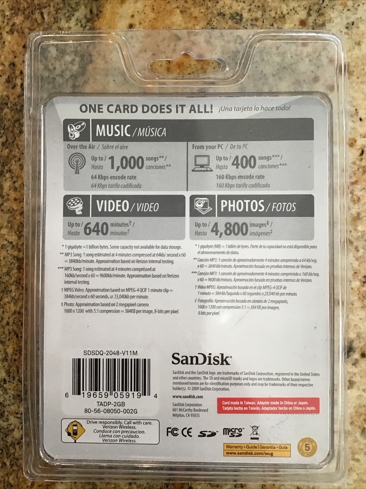 Sandisk 2GB Memory Card Verizon Wireless New Sealed Package