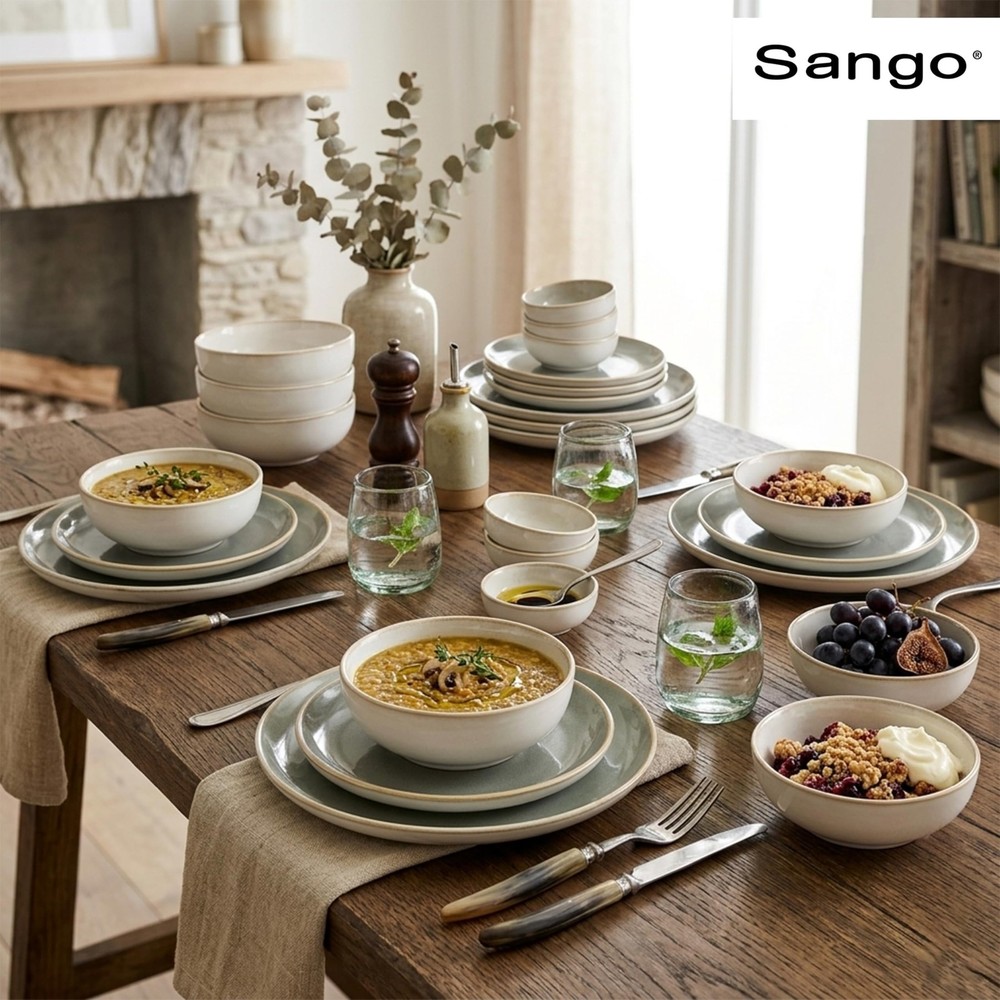 Sango 16-Piece Stoneware Dinnerware Set for 4, Set, Green/Cream