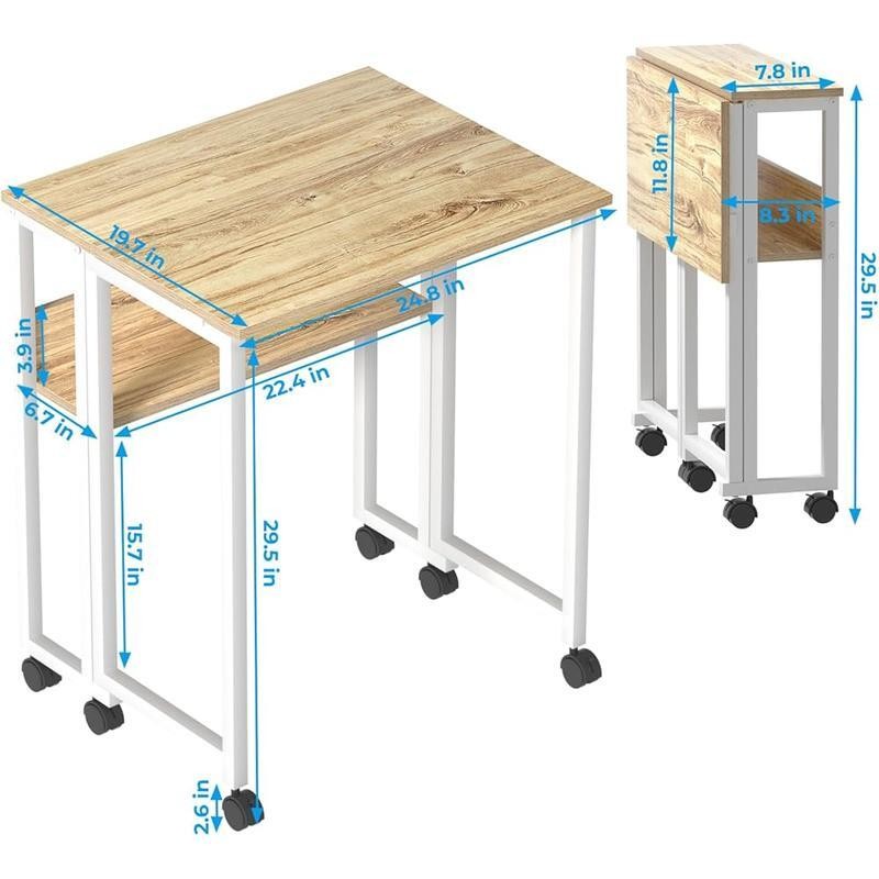 Folding Rolling Desk W/ Storage Shelf Portable Compact Computer Desk Small Space