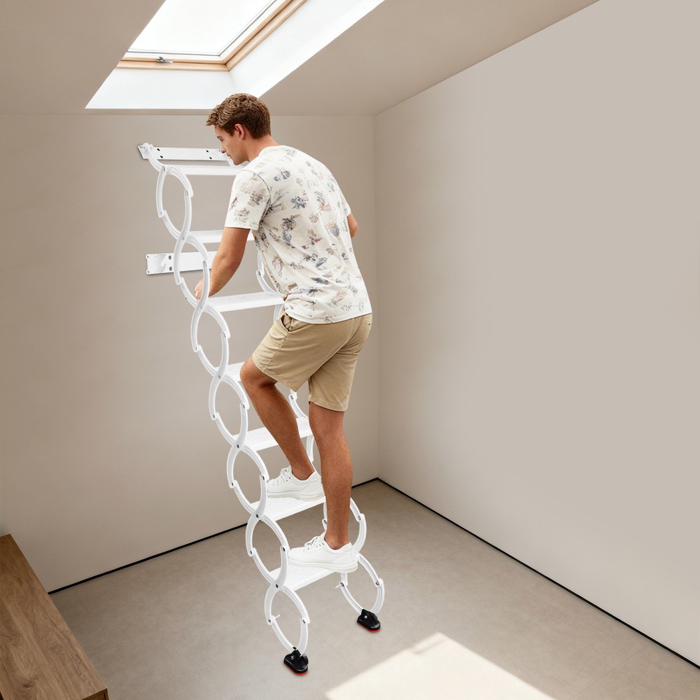 Retractable Folding Stair 7-Steps Wall Mounted Folding Ladder Black/White NEW