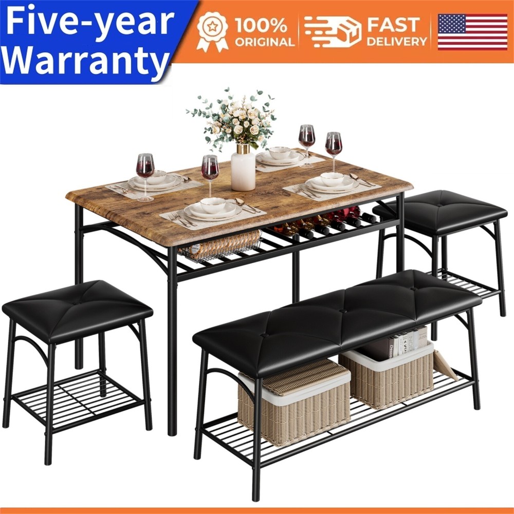 💯Dining Table with Bench and 2 Square Stools Dining Table Set for 4 with Storag
