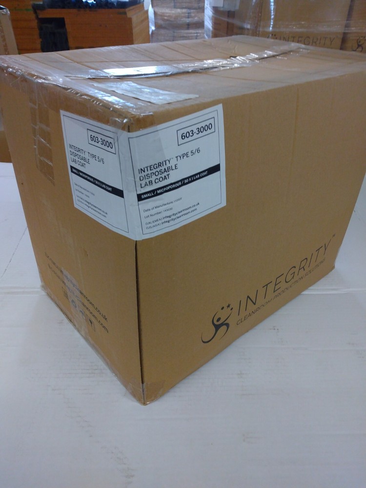 Integrity brand disposable zip front white lab coat size Small. 50/cs 603-3000