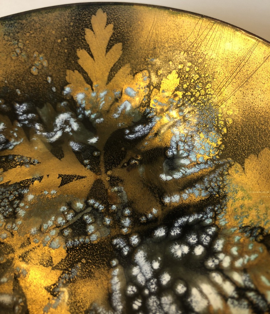Mid Century Modern Enamel Dish Bowl Signed 7” Oak Leaf