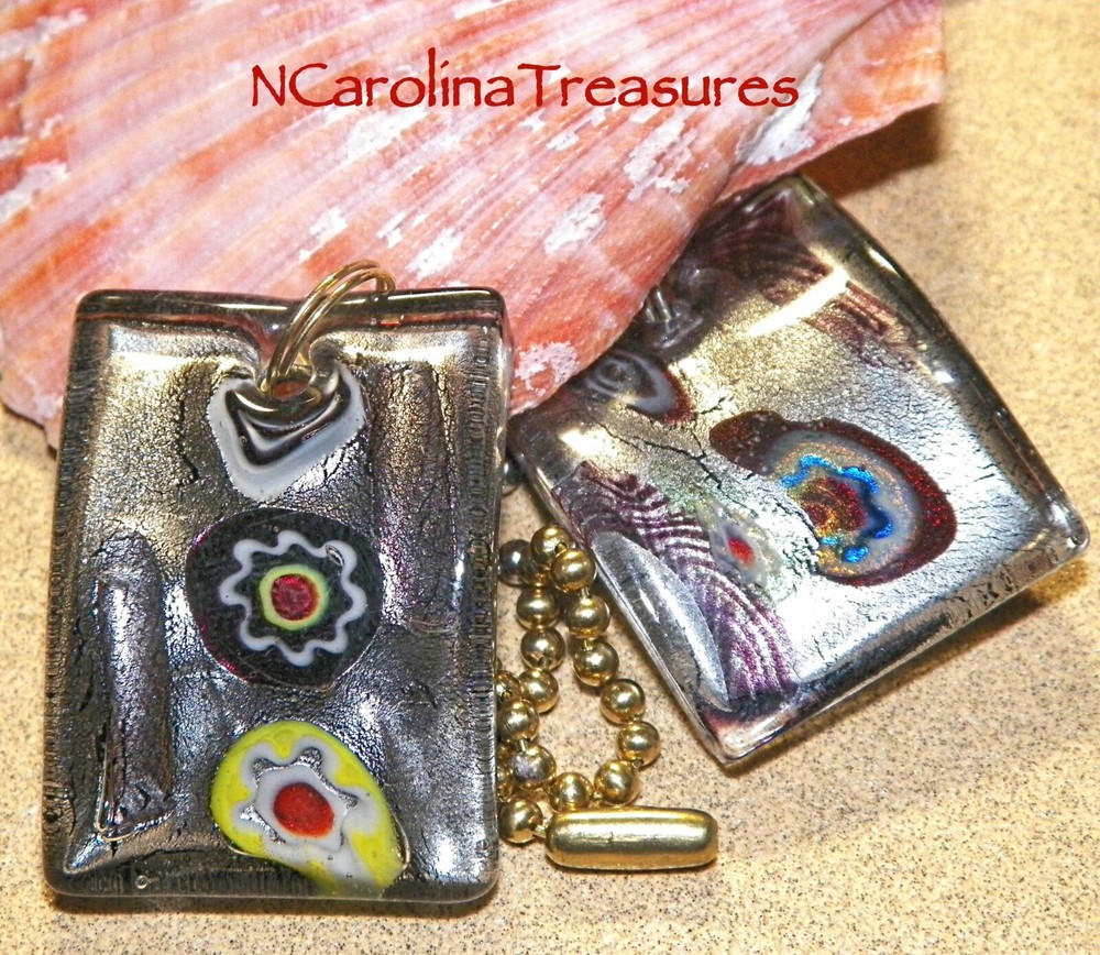 BLACK CURVED SQUARE MURANO ART FOIL GLASS CEILING FAN SWITCH PULL LARGE PAIR