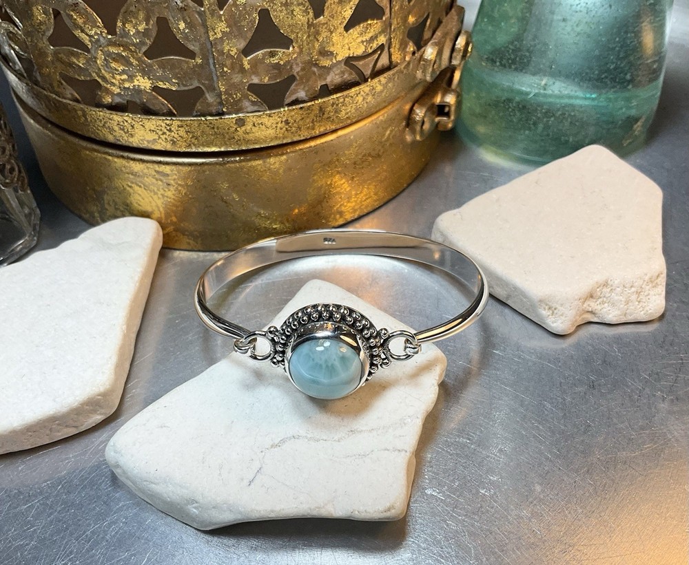 Genuine 925 Sterling Silver Larimar Gemstone Solid Clasp Bangle