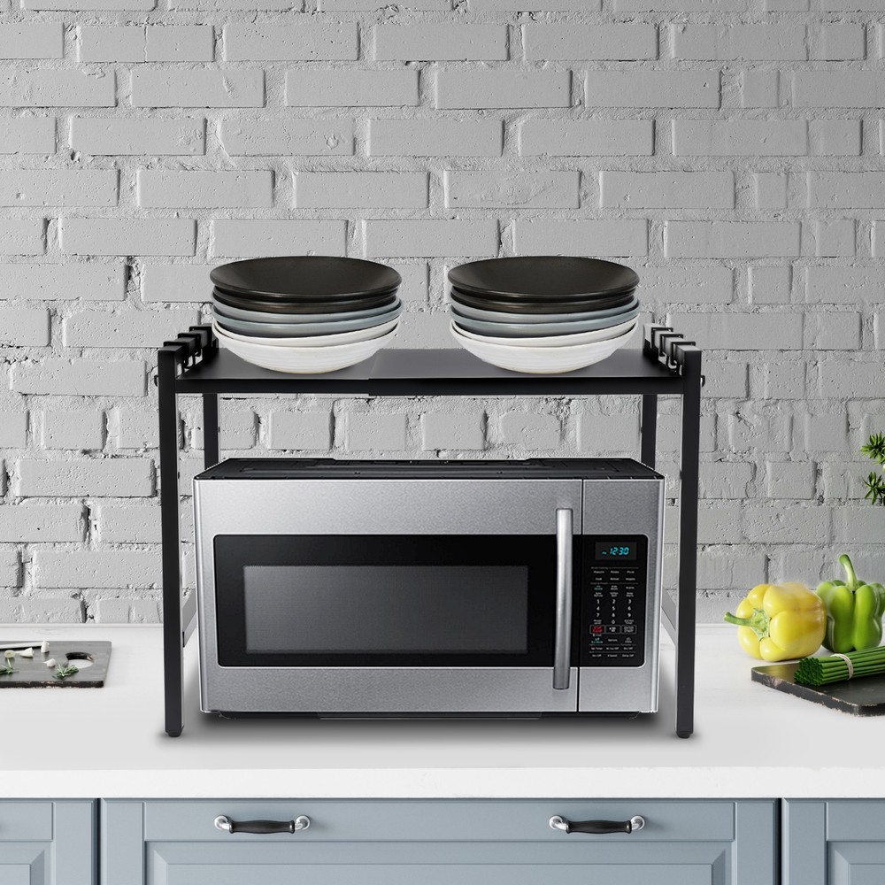 Adjustable Microwave Stand Black Oven Shelf Kitchen Countertop Organizer W/Hooks