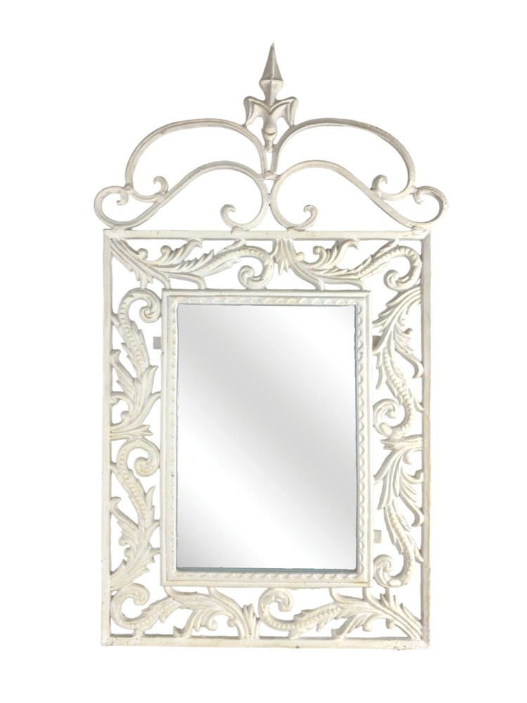 Vintage Heavy White Wrought Iron Scrollwork Framed Wall Mirror 27.5 x 15"
