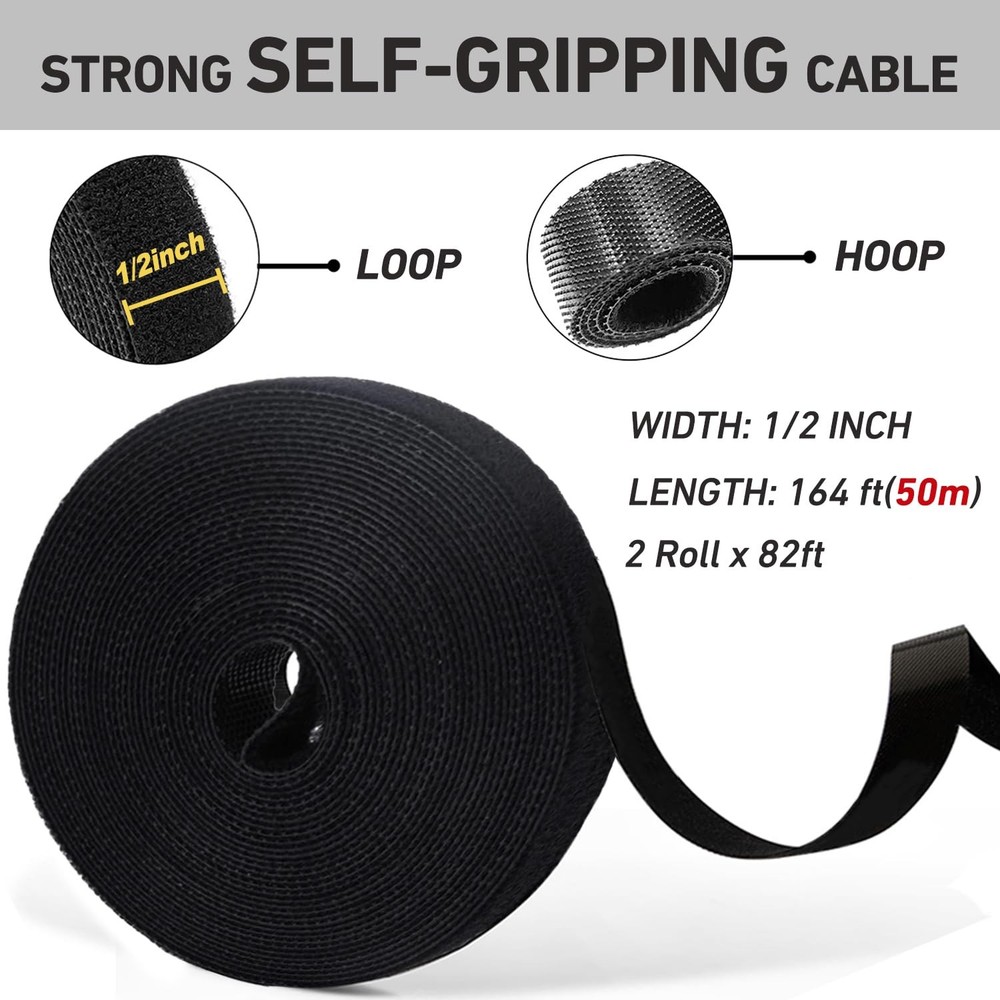 164ft x 1/2 inch Reusable Fastening Cable Ties, Hook and Loop Roll, Self-Grip...