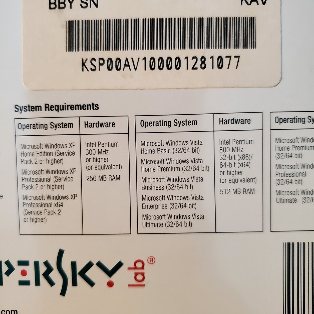 KASPERSKEY Lab Anti-Virus 2010 Protection PC Computer Security Software & Code