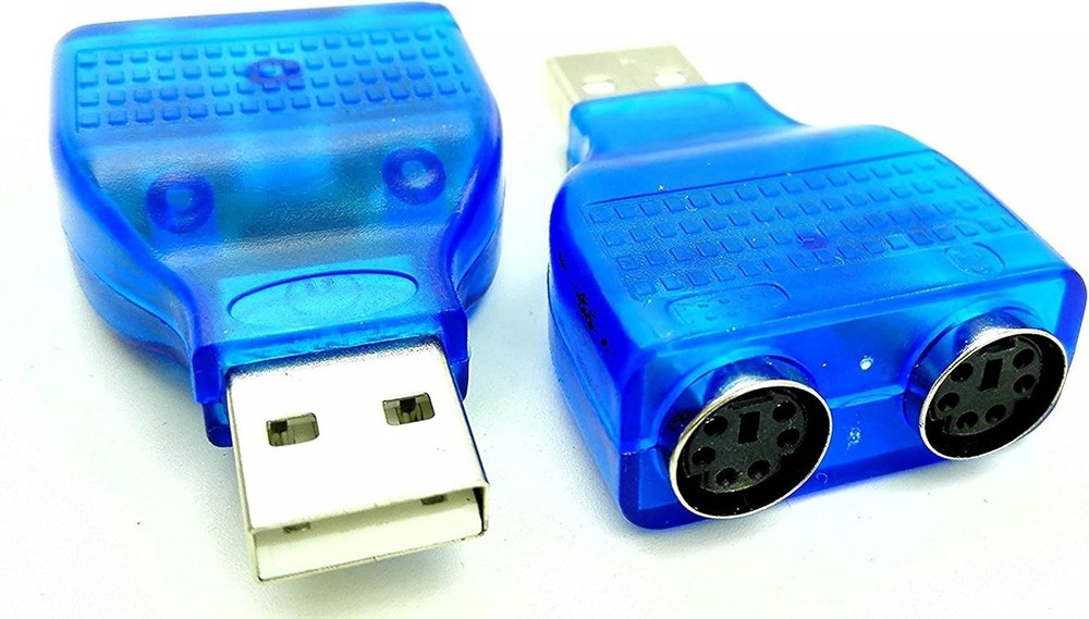 USB to PS/2 Adapter 2-Pack - Compact Blue & Silver Connector for Keyboards
