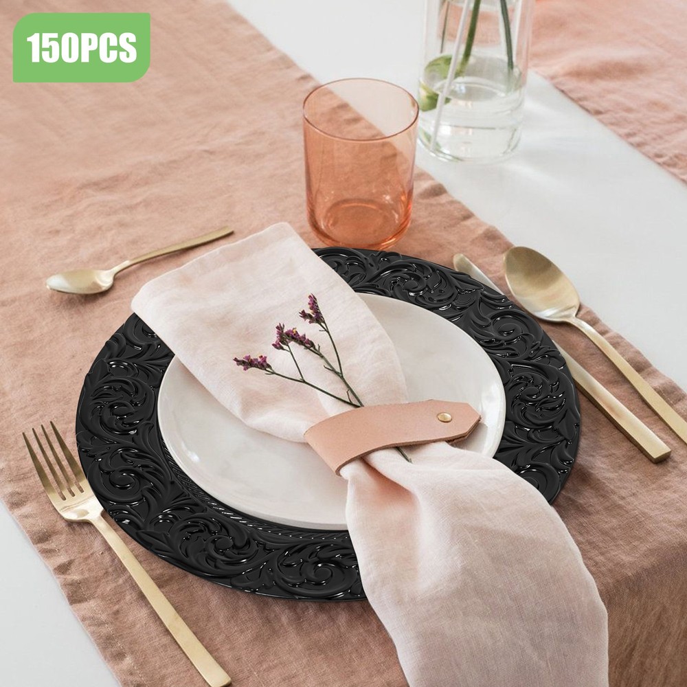 150 Black Plastic Plates Set - Disposable Dinner Plates Bulk Pack for Par