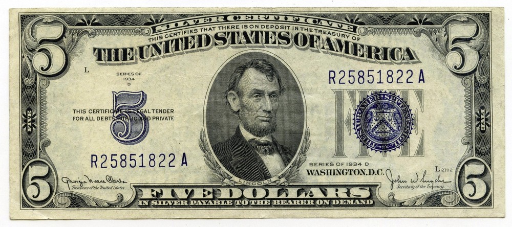 1934-D $5 Silver Certificate Note - United States Currency - L937