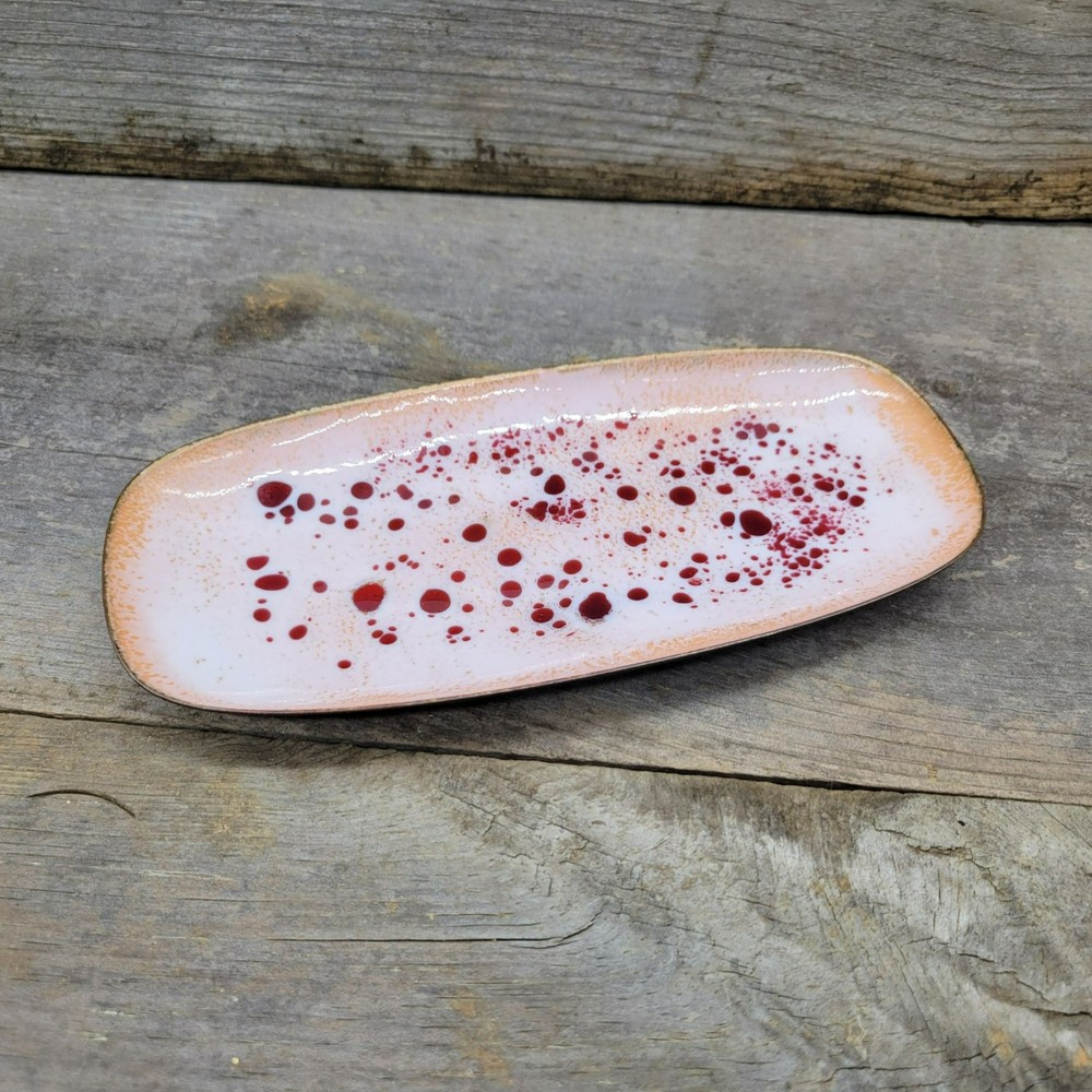 Handmade Enamel on Copper Rectangular Dish Pink With Red & Gold Speckles