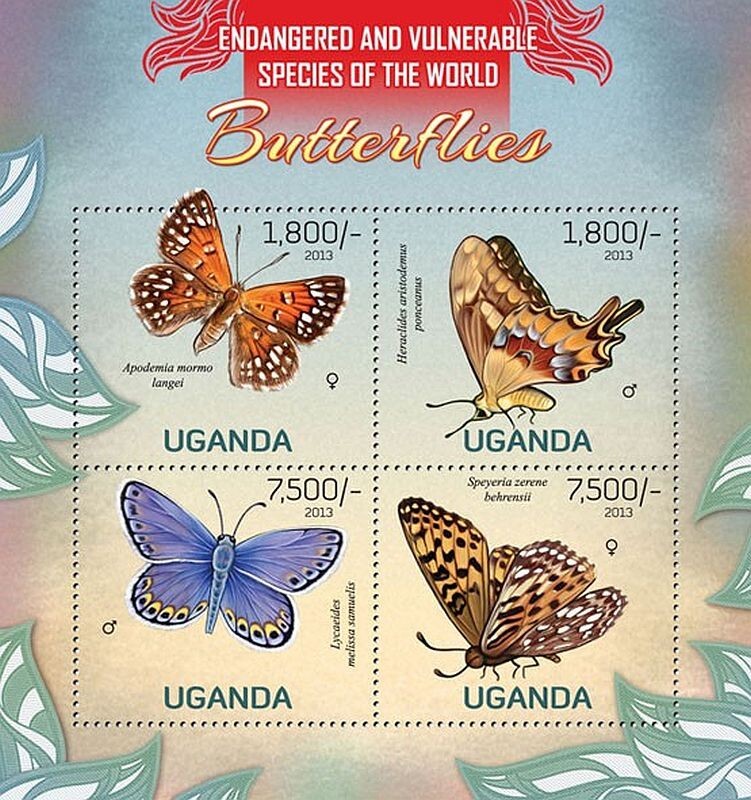 Endangered BUTTERFLIES Insects MNH Stamp Sheet #439 (2013 Uganda)