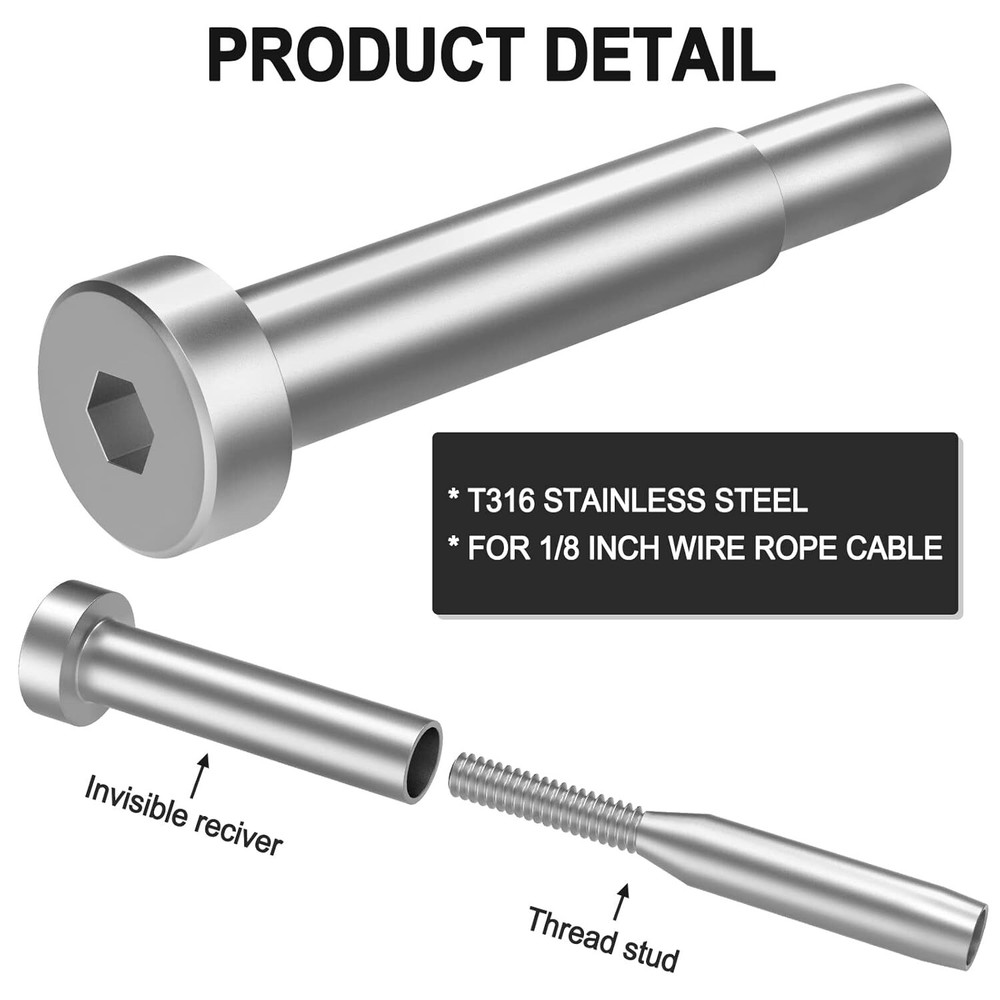 50 Pack 3/16" Invisible Cable Railing Kit Receiver and Swage Stud End Cable New