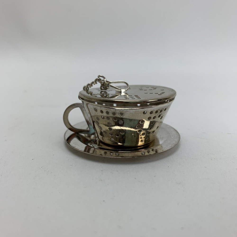 1995 Barnes & Noble Cafe Silver Plated Small Tea Cup Infuser with Dish Set