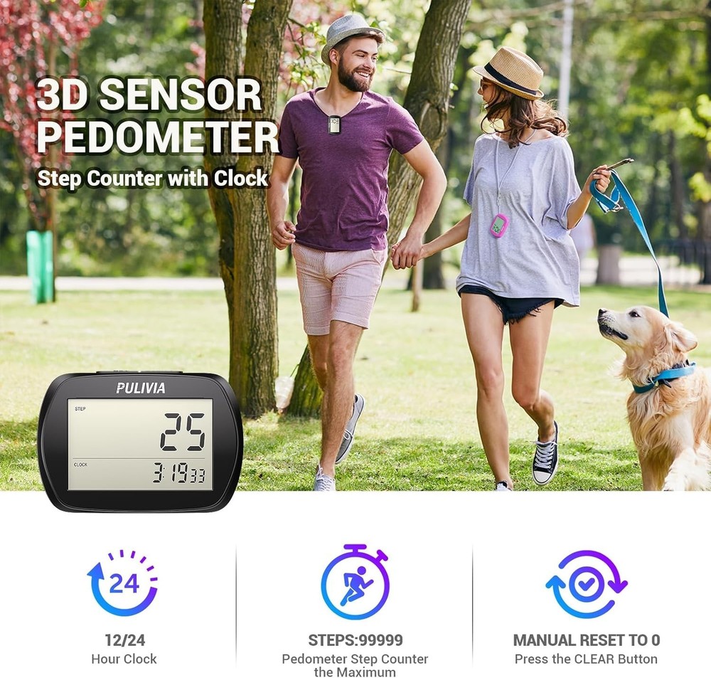 3D Step Counter with Clock, Accurate Walking Pedometer