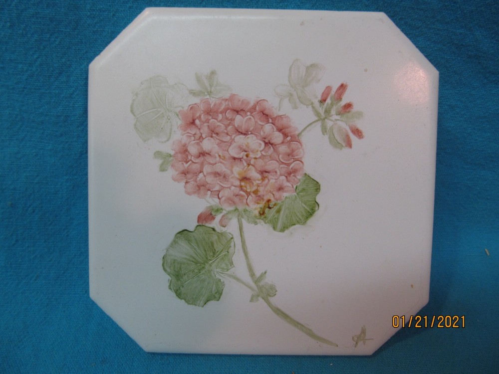 HAND PAINTED HYDRANGEA FLOWER MEXICO TILE TRIVET SIGNED "A"