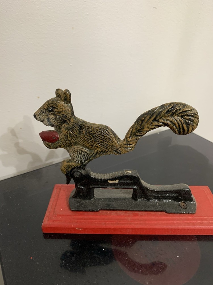Vintage Squirrel Nutcracker Cast Iron & Wood with Red Base, Brown/Black