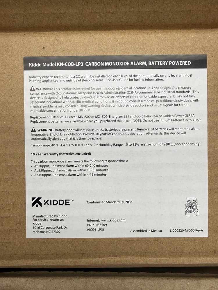 Kidde Carbon Monoxide Detector, Battery Powered Co Alarm W/Leds, Test-reset READ