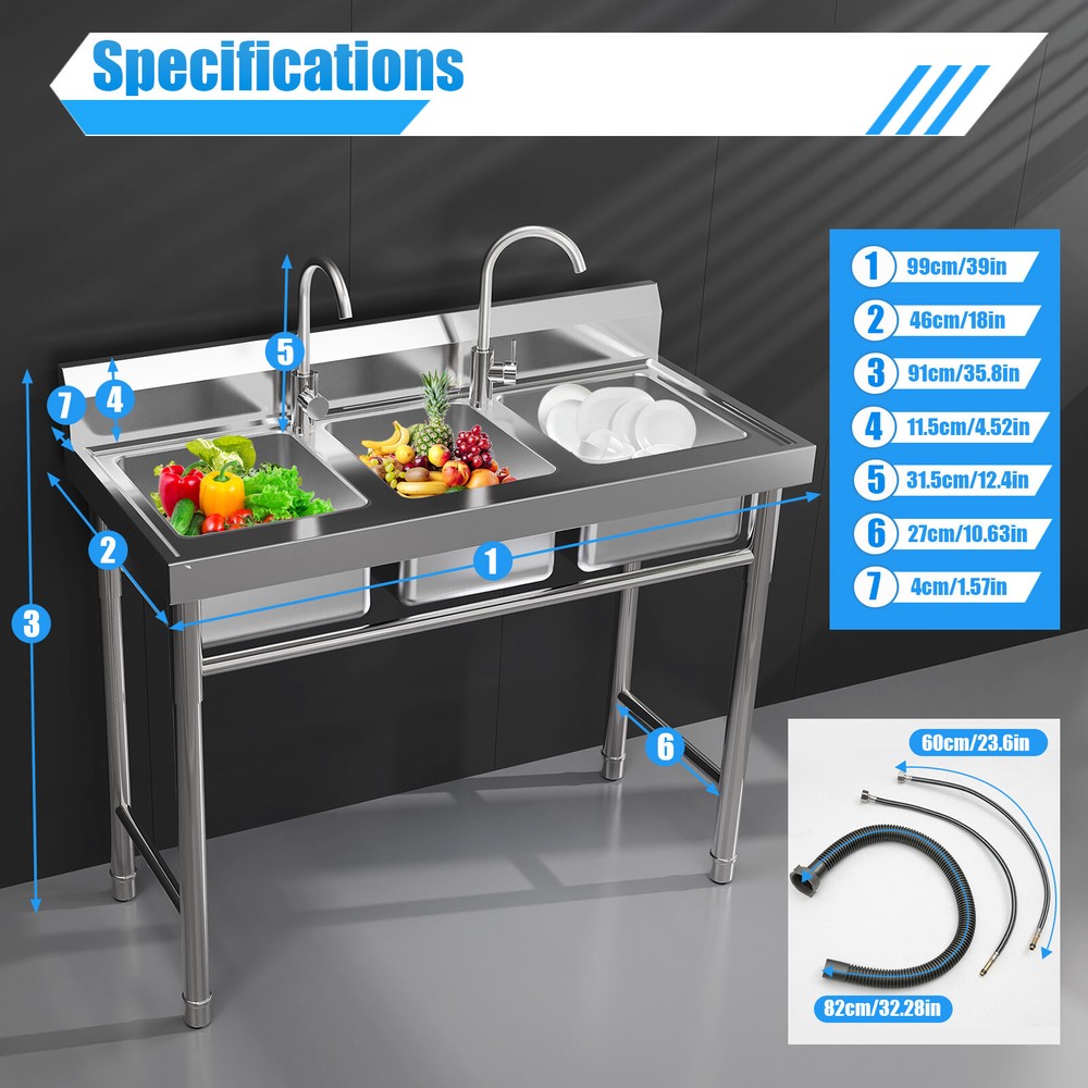 Commercial Stainless Steel 3-Compartment Sink for Efficient Kitchen Cleaning