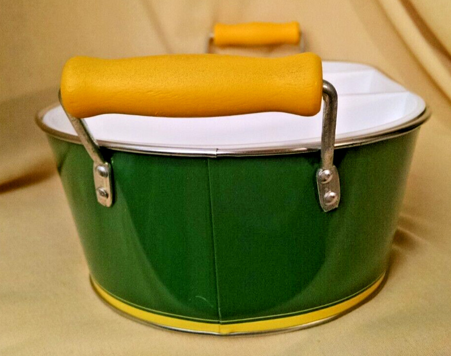 JOHN DEERE CADDY 2 COMPARTMENT NEW TIN BOX CO PLASTIC INSERT WOODEN HANDLES BOX.