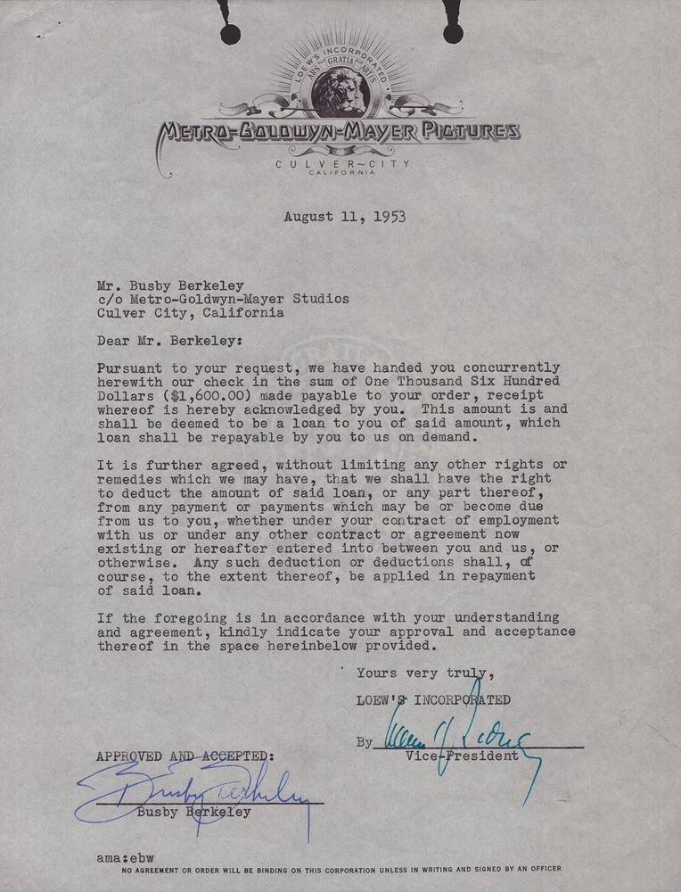 BUSBY BERKELEY - DOCUMENT SIGNED 08/11/1953